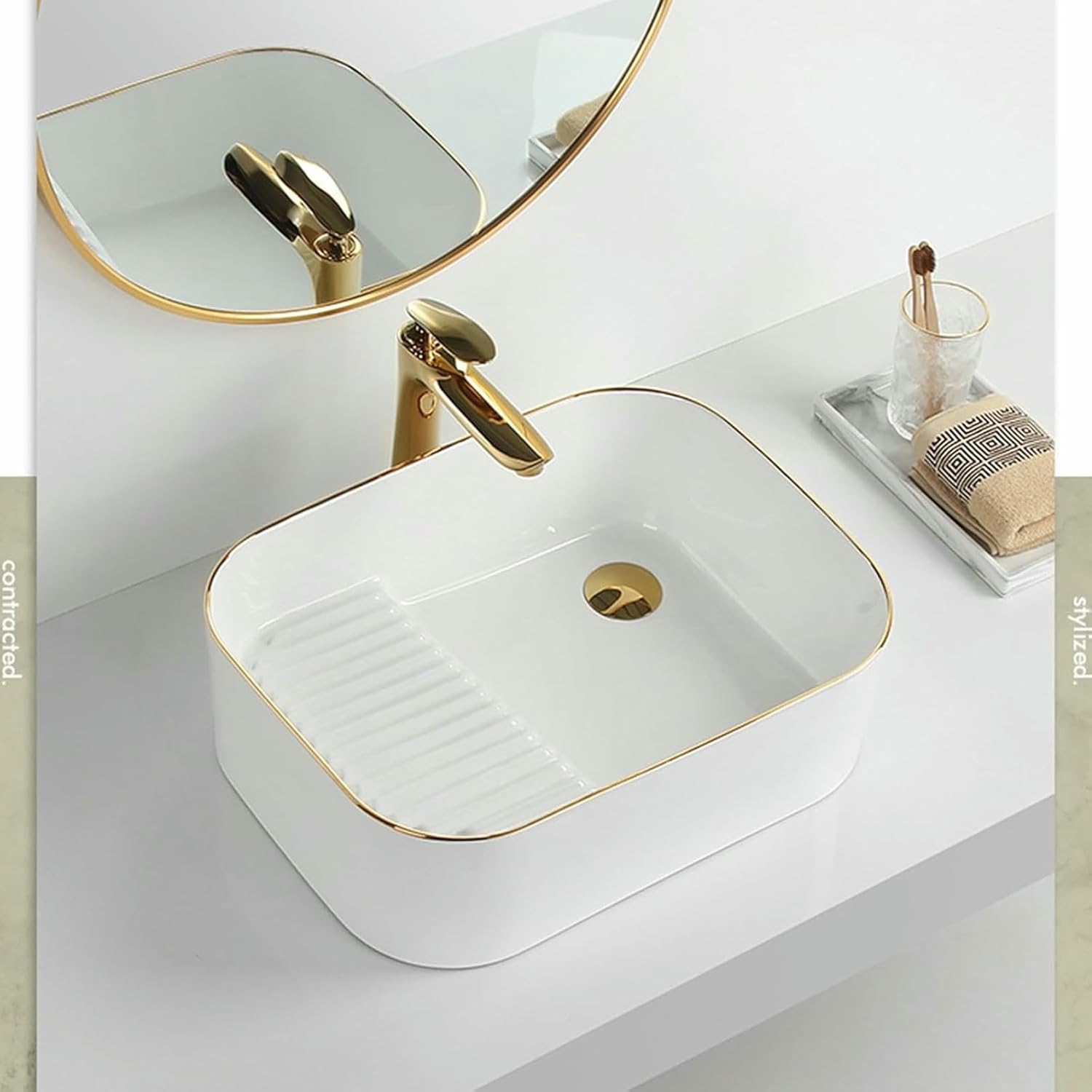 White Bathroom Ceramic Sink,Bathroom Sinks Above Counter,Laundry Sink with Washboard,with Drainer, Suitable for bathrooms, Balconies, (Size : 50 * 38)