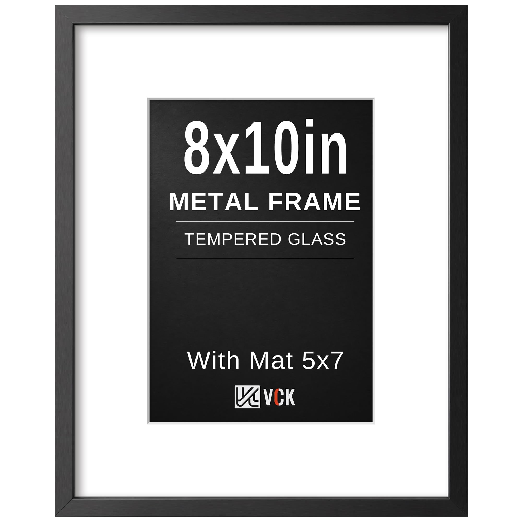 VCK 8x10 Picture Frame Black Metal, Real Glass, 5x7 Mat, for Artwork