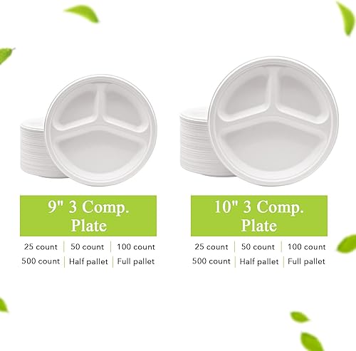 Miniatura 7 de Three Leaf Plato redondo de bagazo de 3 compartimentos de 10 pulgadas, 500 unidades de platos de bagazo desechables de alta resistencia, súper