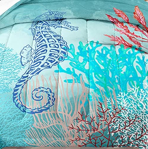 Miniatura 3 de Juego de edredón náutico del mundo marino para niños y adultos, tamaño individual, con temática de hipocampo oceánico y 2 fundas de almohada con