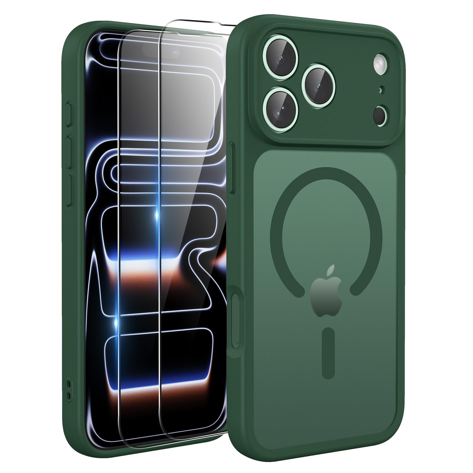 TQIAHF Cover Custodia Magnetica per iPhone 17 Pro, Verde | 2 Pellicola Vetro Temperato Protezione Schermo Compatibile con Magsafe Militare Antiurto Sottile Opaca Telefono Case