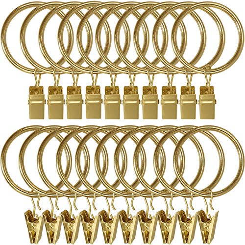 LLPJS 20 Pack Metal Curtain Rings with Clips Curtain Clip Rings Hooks for Hanging Drapery Drapes Bows Curtain Rod Rings 1.5 inch Interior Diameter Gold