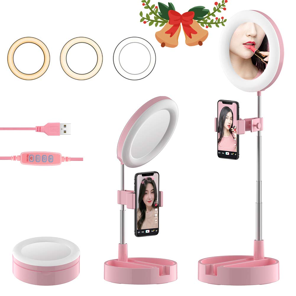 NeotrixQI Selfie Ring Light with Phone Holder, Foldable LED Desk Lamp Dimmable Phone Make Up Ringlight Stand Extendable Makeup Mirror TIK Tok YouTube Video Vlog Recording Photography Tiktok Live Stream (Pink) (G3)
