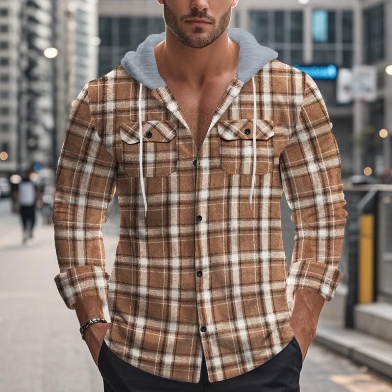 RTTUIOP Mens Plaid Jacket Hoodies Winter Casual Long Sleeve Big and Tall Checkered Button Down Coats Warm with Hood2
