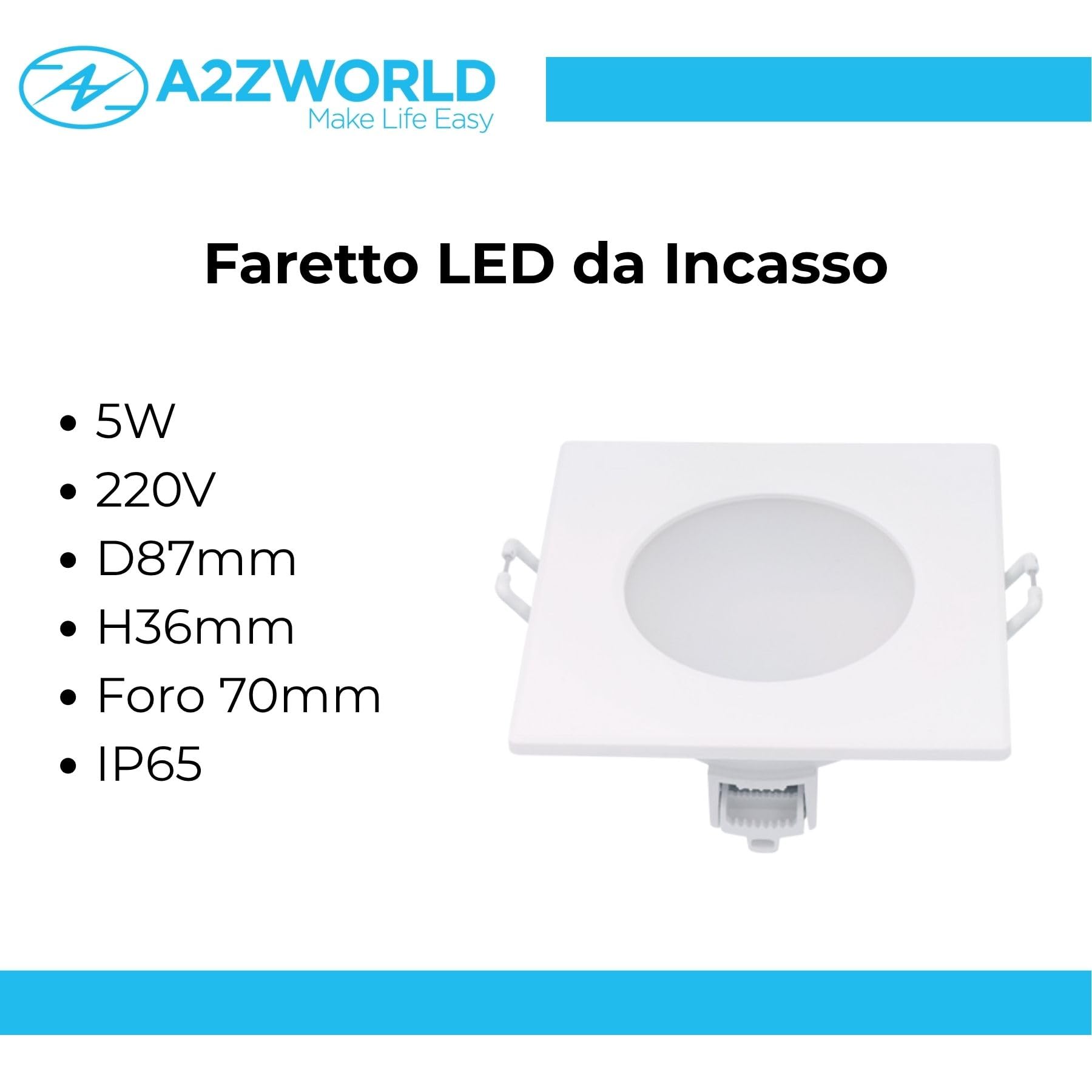 LEDLUX 3 Pezzi Faretti Led da Incasso Quadrato, Dimmerabile Con Triac Dimmer, 220V 5W 550 Lumen, 90X90X37mm, Foro 70mm, Impermeabile Ie IP65, Quick Connettore (Bianco Neutro 4000K, Bianco)