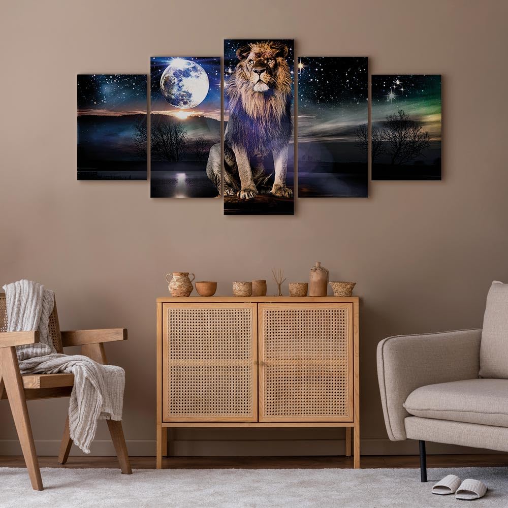Cuadros B&D XXL - Cuadro en Lienzo animales 150x75 cm de Tejido no Tejido 5 Piezas Artística Imagen Gráfica Decoracion de Pared - Resumen león g-C-0385-b-m
