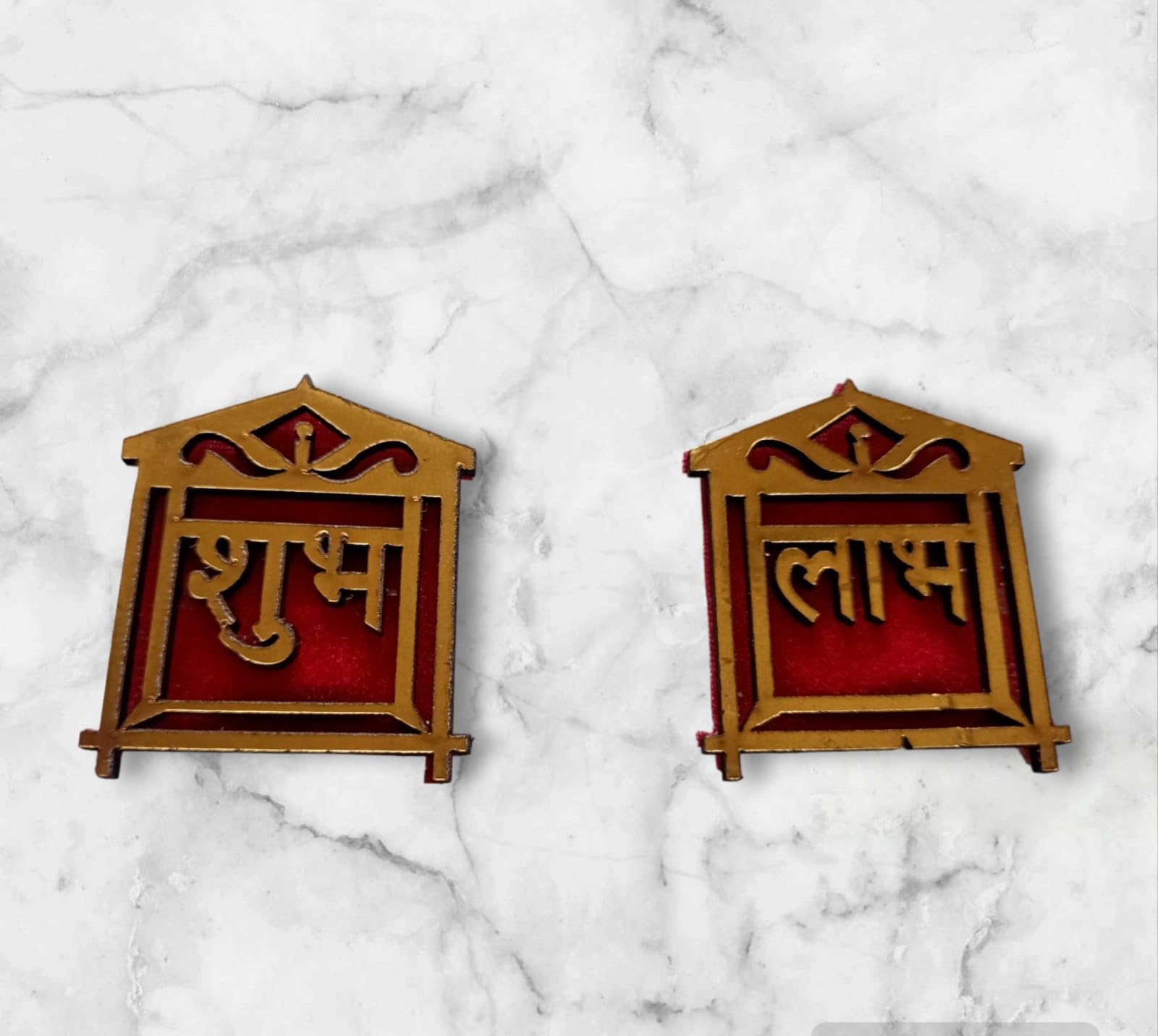 Denique Wooden Floral Shubh Labh Sticker (1 Pair) | Shubh Labh Wall Stickers Decoration Items for Main Door Entrance, Pooja Room, Mandir (Temple Shape Labh Shubh) 4