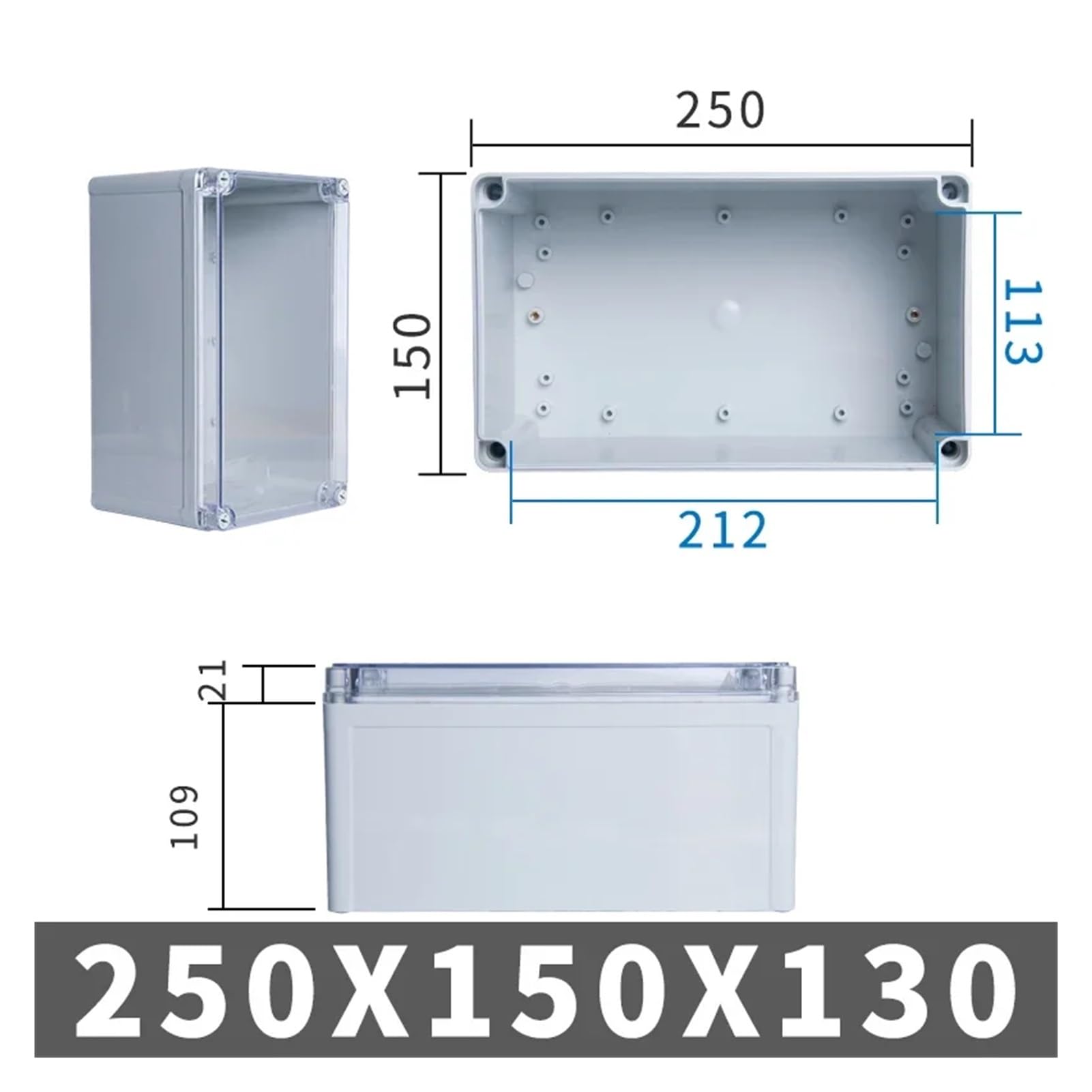 Boîtier de raccordement électrique étanche IP67 couvercle Transparent extérieur étanche bricolage boîte de jonction électrique ABS boîtier en plastique boîte de Distribution 1Pc(250x150x130mm)