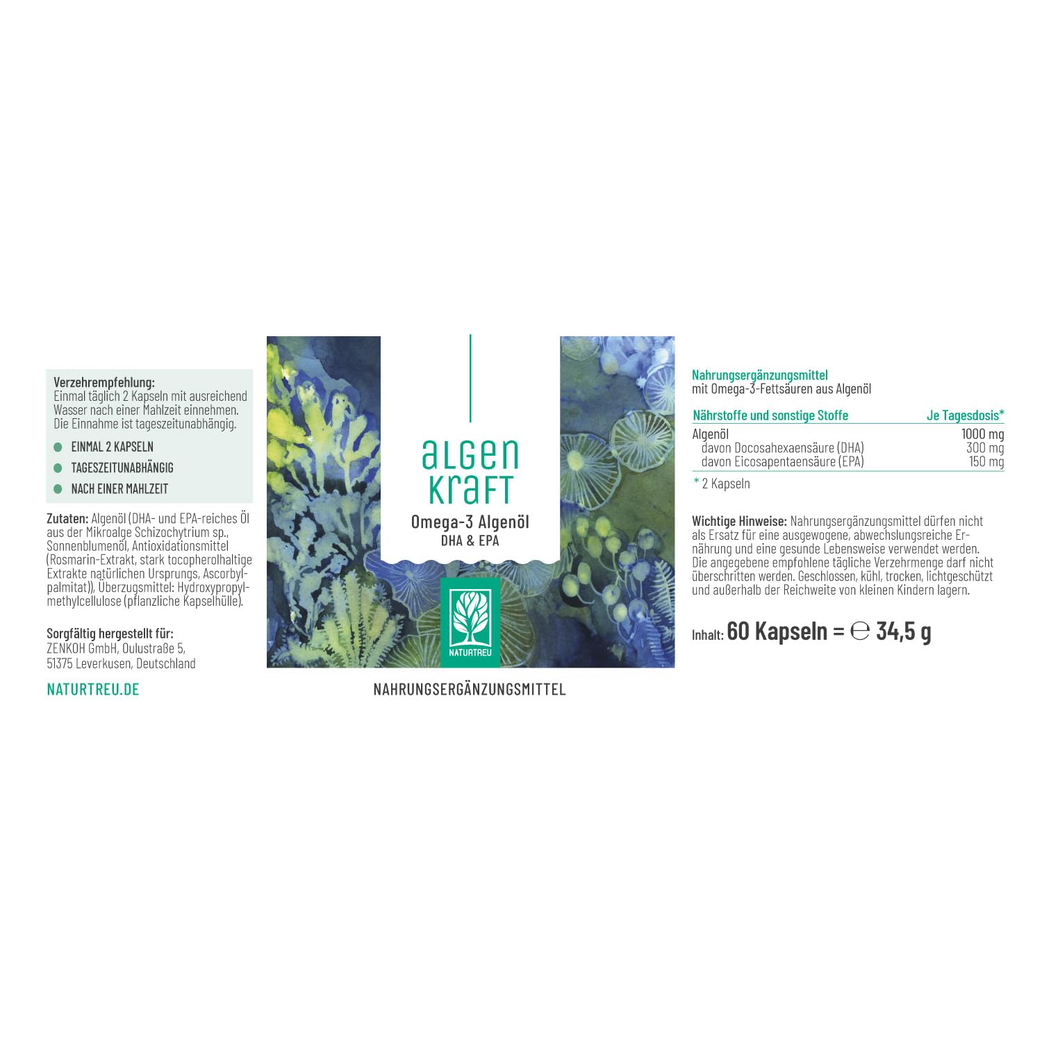 NATURTREU® Omega 3 Vegan aus Algenöl – 1000mg Omega 3 Algenöl aus nachhaltigen Kulturen - Mikroalgenöl hochdosiert DHA & EPA im optimalen Verhältnis - Omega 3 Kapseln - Laborgeprüft
