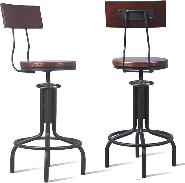 Topower American Industrial Antique Design Adjustable Height Kitchen Dining Wooden Backrest Chair Metal Bar Stool with Backrest Fully Welded Set of 2