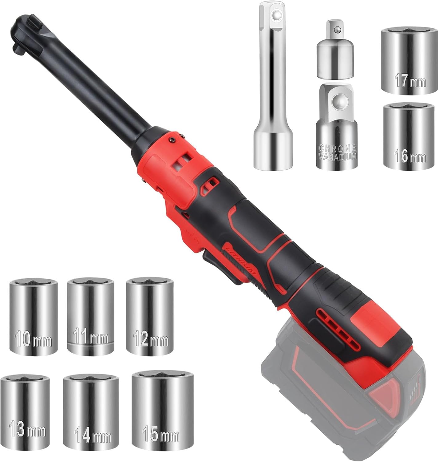 Cordless Ratchet for Milwaukee 18V Battery, 3/8" Electric Ratchet 18V Cordless Ratchet Wrench 74Ft-Lbs with Reinforced 6.3 inch Head, 1/2" and 1/4" Adapter, 3" Extension Bar (Total 11 ‎Accessories)