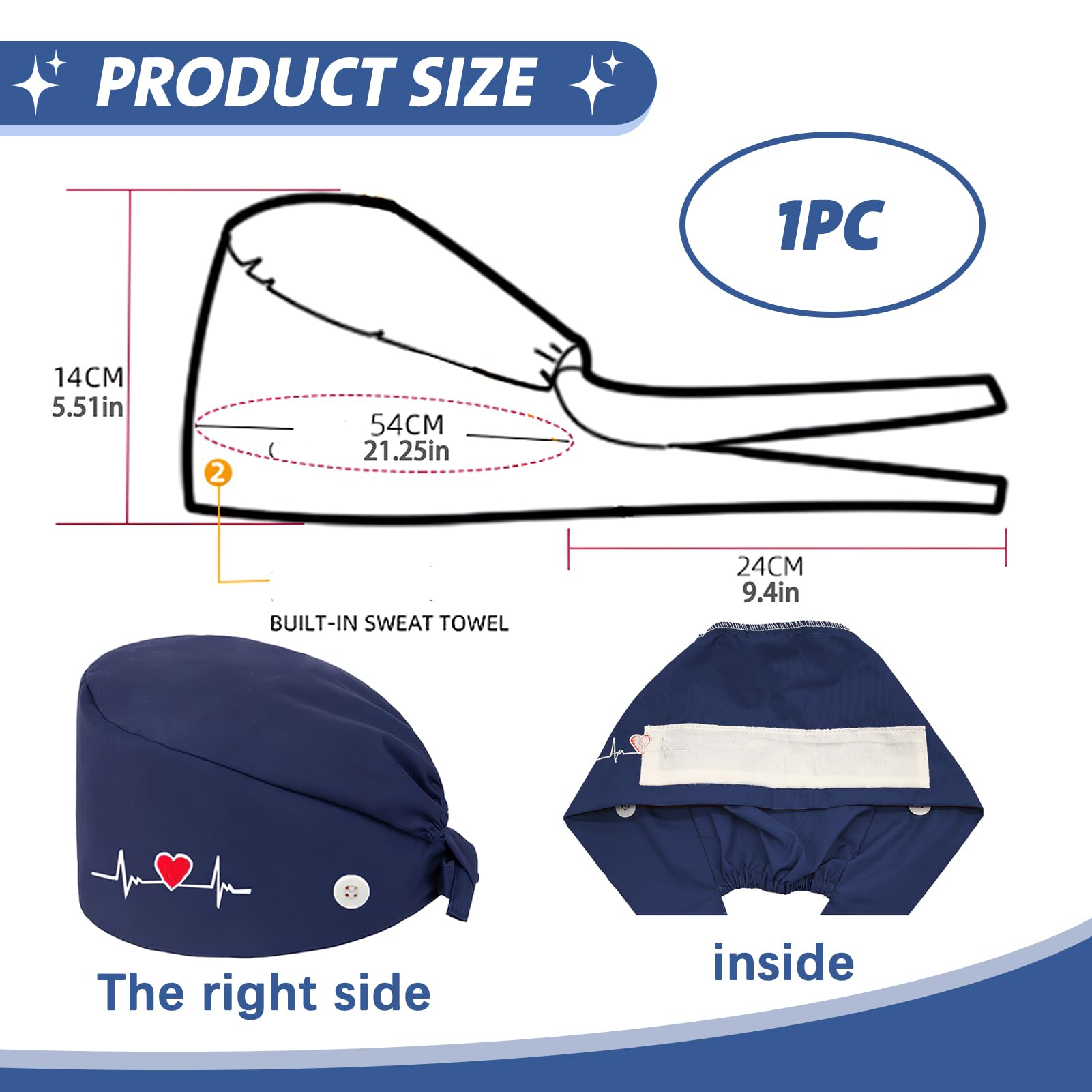 Berretto Donna Chirurgico Cappello in Cotone, Cuffietta sala Operatoria con Fascia Regolabile, Berretto Infermiera con Ricamo a Cuore, Cuffietta Chirurgica Unisex per Medici e Infermieri, Blu Scuro