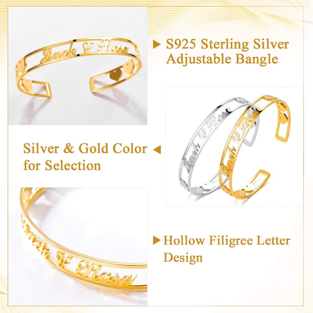 Custom4U Personalized Cuff Bracelets Custom Name Bangle Bracelet Inspirational Words Text Any Message Engraved Memory Jewelry Customized Gifts for Women BFF (Gift Box)