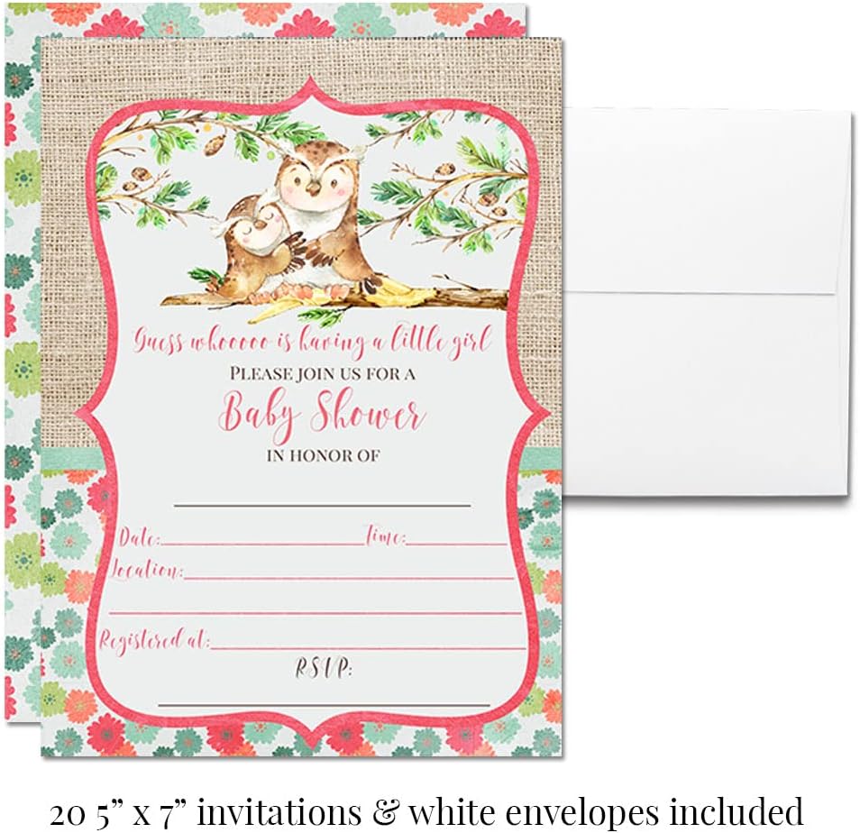 Amanda Creation “Guess Whooo” Cute Owl Girl Baby Shower Party Bundle Includes 20 each of Invitations with Envelopes + 4 Different Sizes of Decorative Stickers, Diaper Tickets & Bring a Book Cards