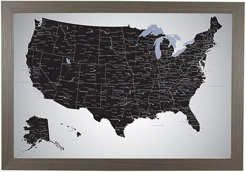 Vista 36 de Mapa de viaje personalizado de Black Ice USA con pasadores y marco gris de madera de granero de 27.5 x 39.5 pulgadas, mapea tus viajes a EE. UU Gris
