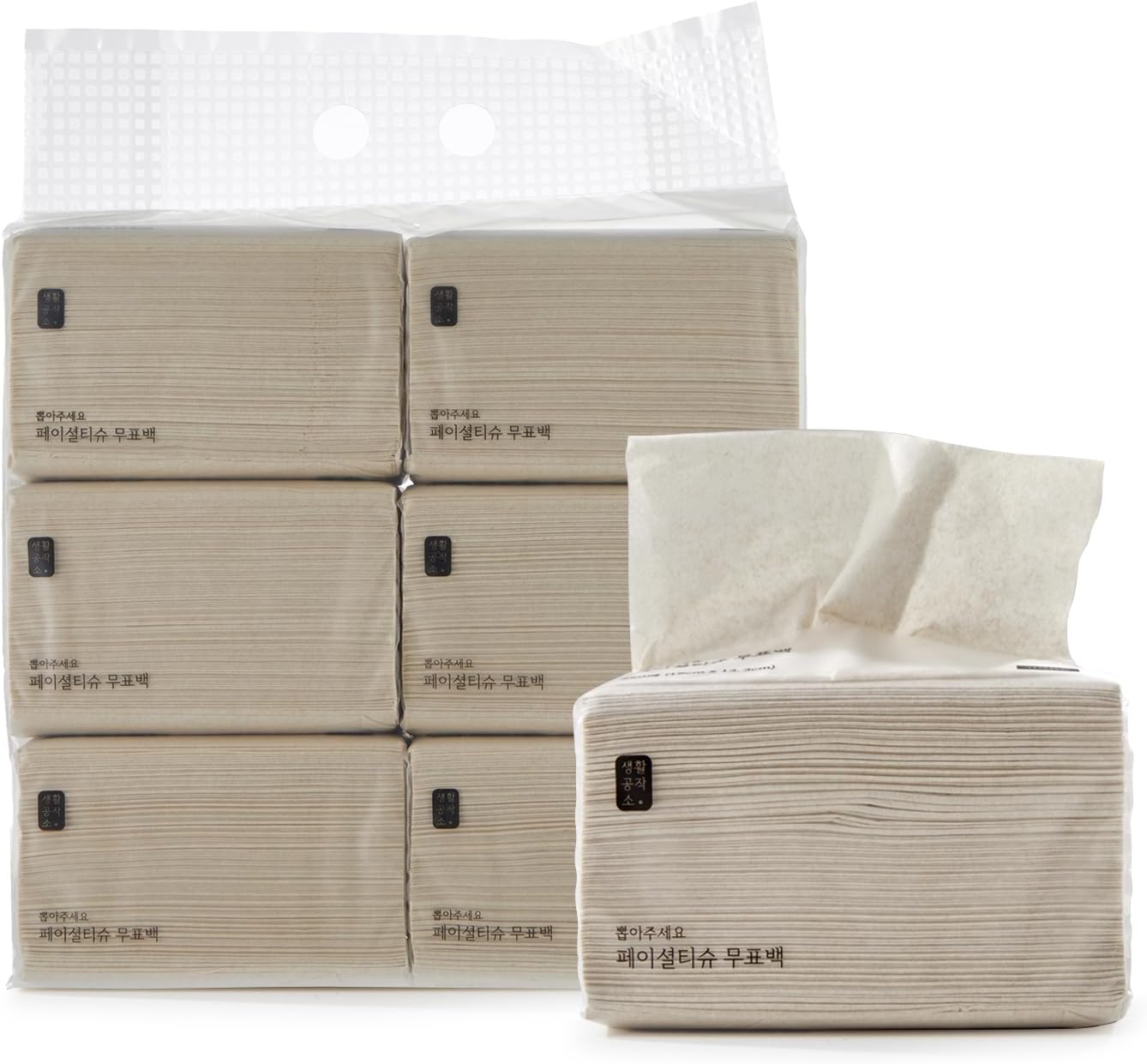Saeng Hwal Gong Jag So Unbleached Facial Tissue 1500 Count (6 Packs of 250) | Facial Tissues Bulk | Tissues for Sensitive Skin | 2-Ply Tissue, White