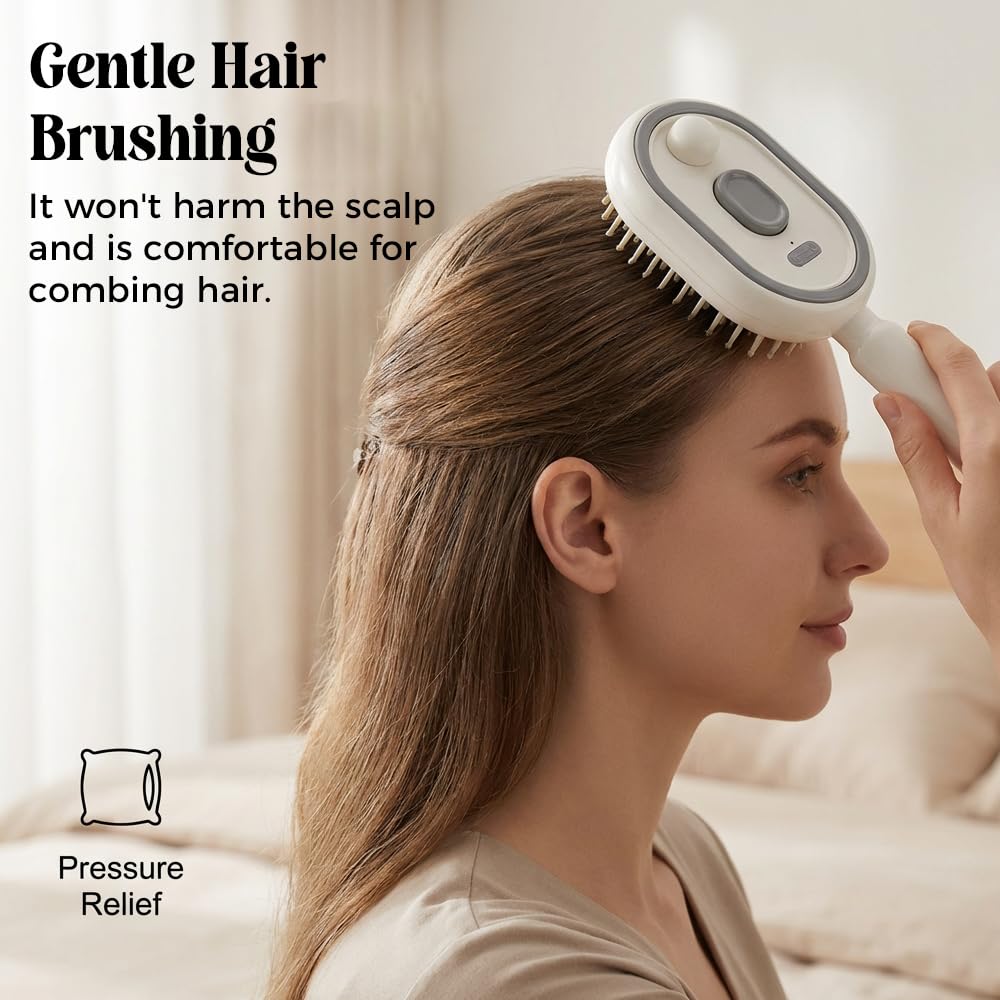 Electric Spray Air Cushion Massage Comb, Electric Misting Detangling Brush with Self-Cleaning, Anti-Tangle, Anti-Static, Rechargeable Electric Steam Brushs for Frizzy Hair & Scalp Care (Beige)