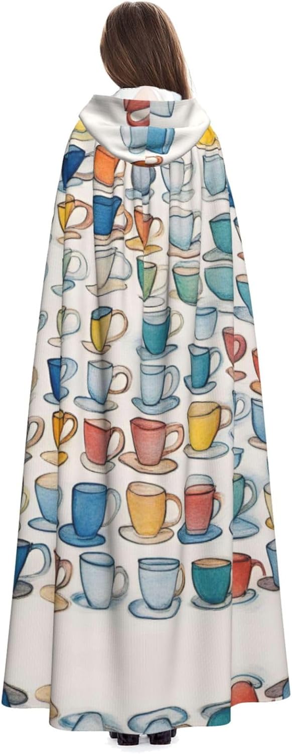 SSIMOO Hand Drawn Teapots and Cups Enchanting Adult Hooded Cape for Halloween and Party Costumes-Fashionable Women's Robes,Capes