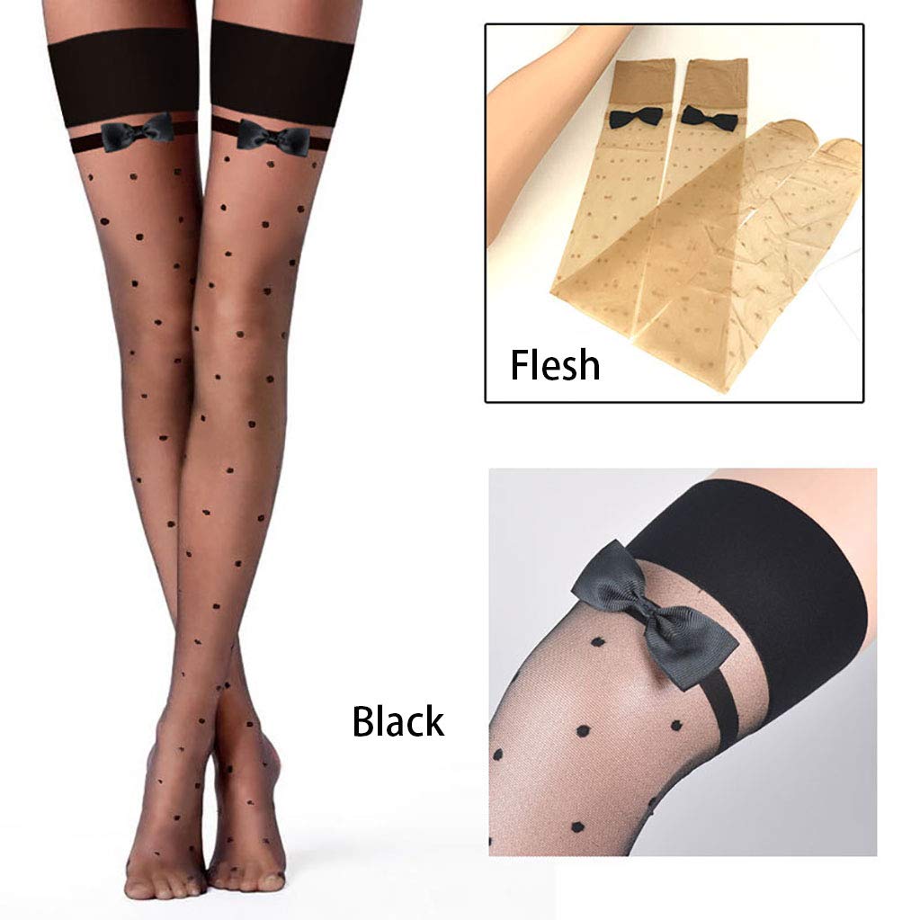 Medias hasta el Muslo para Mujer, Calcetines por Encima de la Rodilla, Lindas y sexys Medias hasta el Muslo, con Lazos de satén, Medias, Negras, Talla única (Talla única Negra)