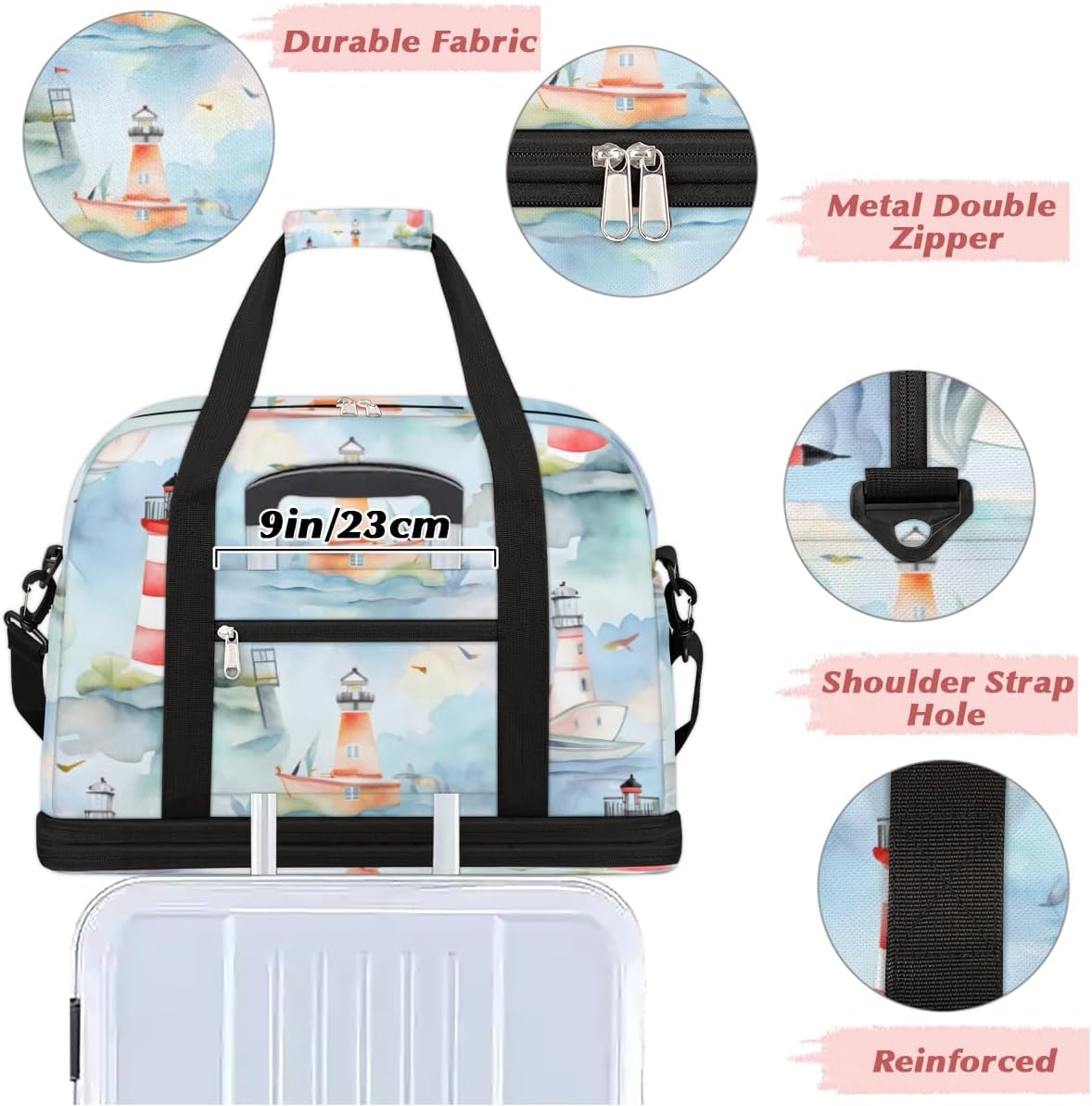 QsirBC Lighthouse Funny Pattern Gym Bag for Women Duffle Tote with Shoes Compartment Men Weekender Duffel for Dance Travel Sports Swimming Overnight