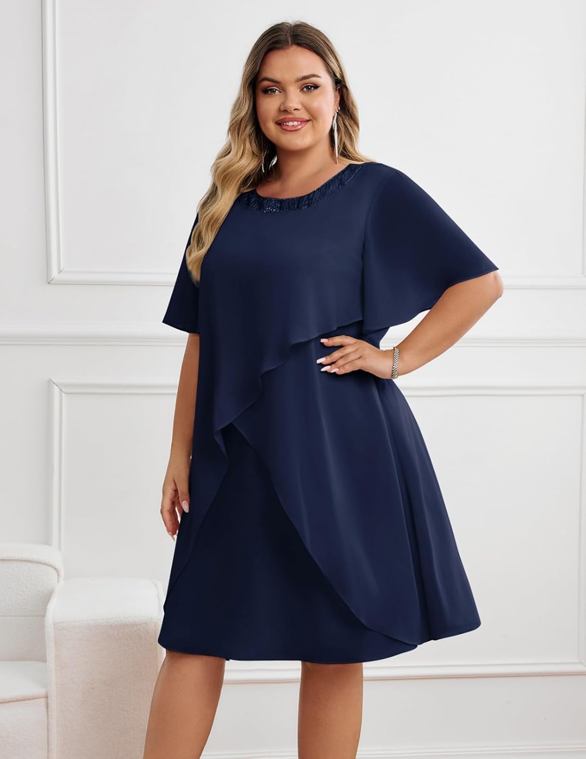 Hanna Nikole Plus Size Dress for Curvy Women 2026 Wedding Guest Dress Sequined Crew Neck Cocktail Dress with High Low Hem