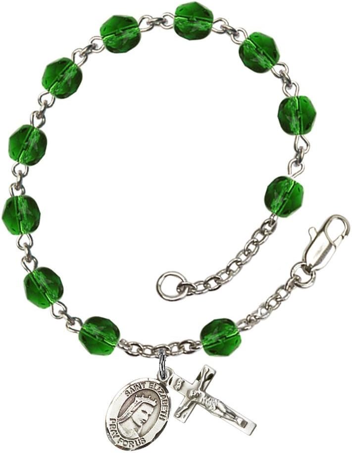 Bonyak Jewelry St. Elizabeth of Hungary Silver Plate Rosary Bracelet 6mm Fire Polished Beads - Every Birth Month Color