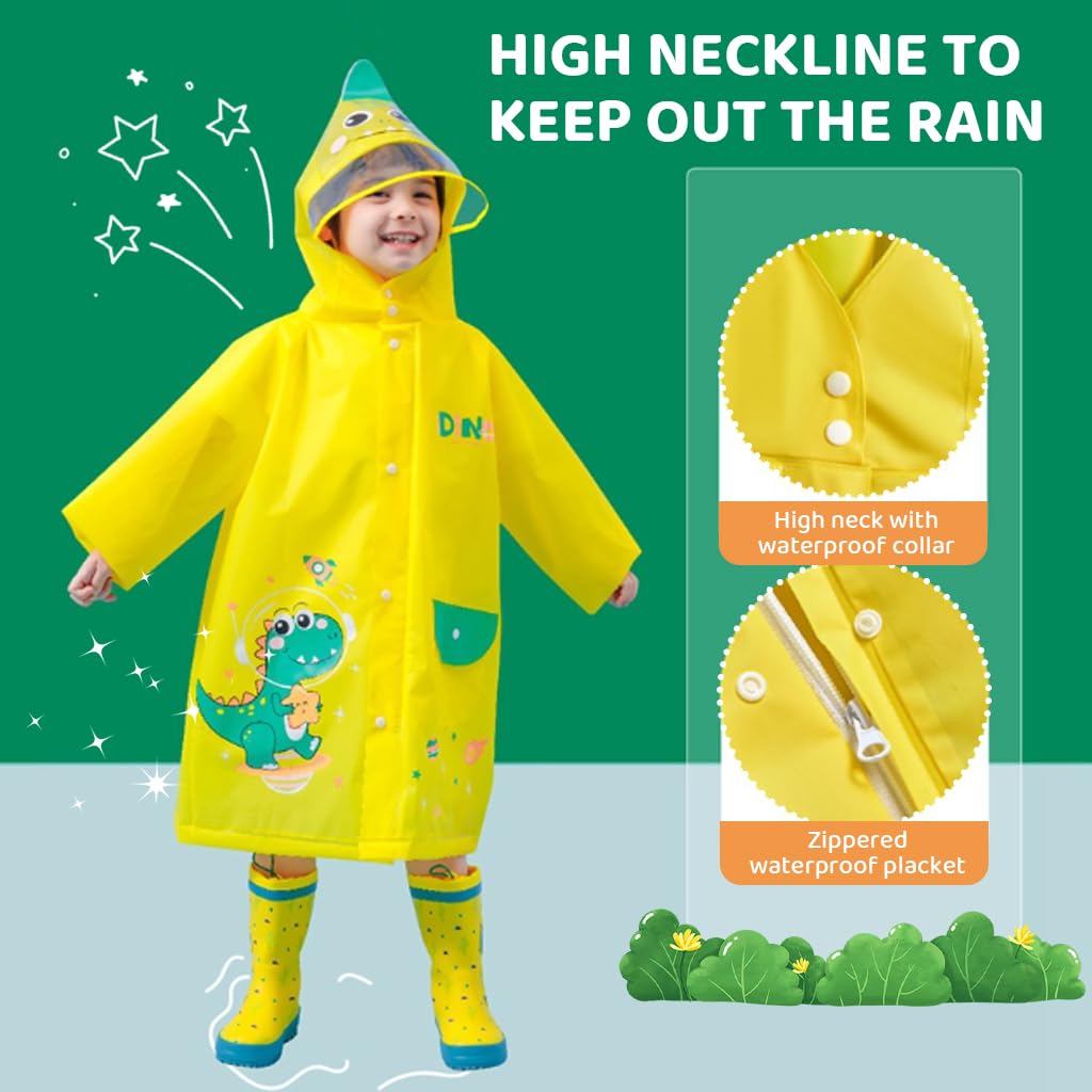 PATPAT® Dinosaur Kids Rain Coat EVA Hooded Rain Jacket with Transparent Wide Hood Brim Cartoon Rain Coat for Kids with Storage Pouch, Knee-length Kids Rain Coat for Boys Girls 5-7 Years Old, L 2