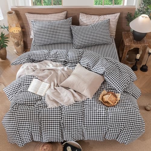 Image of MooMee Gingham Duvet Cover Set 100% Washed Cotton Linen Like | Relaxed Linen-like Texture. Soft, Breathable & Long-lasting Comfort. Lightweight. Hidden Zipper with 8 Interior Corner Ties