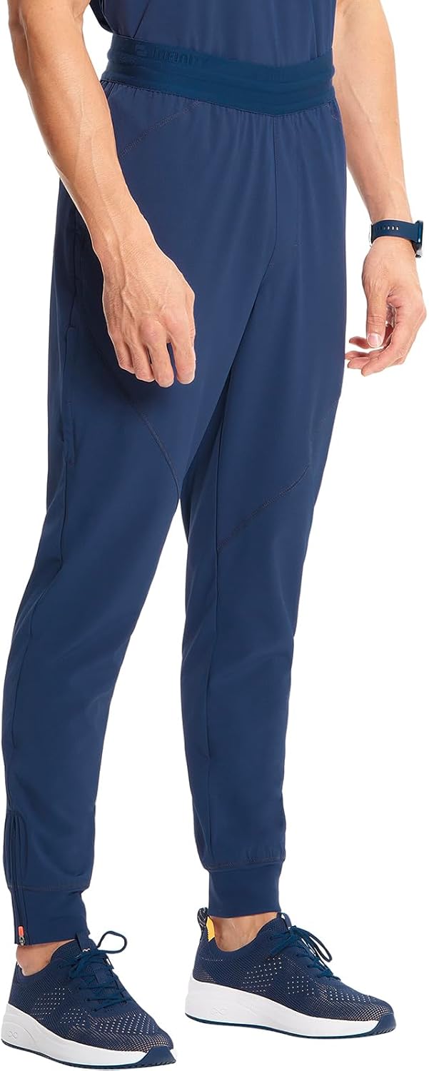 Cherokee Infinity Mens Mid Rise Jogger Scrub Pants Drawstring Waist, 4 Pockets, Zip Cargo Pocket, Rib-Knit Cuffs – IN204A