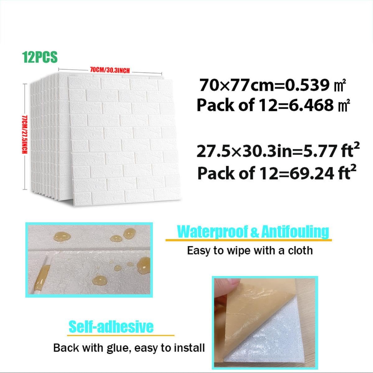 Papel tapiz autoadhesivo Peel and Stick Panel de pared 3D Sala de estar Pegatinas de ladrillo Dormitorio Habitación de niños Papeles de ladrillo Decoración para el hogar-Verde,12pcs70x77x0.3cm