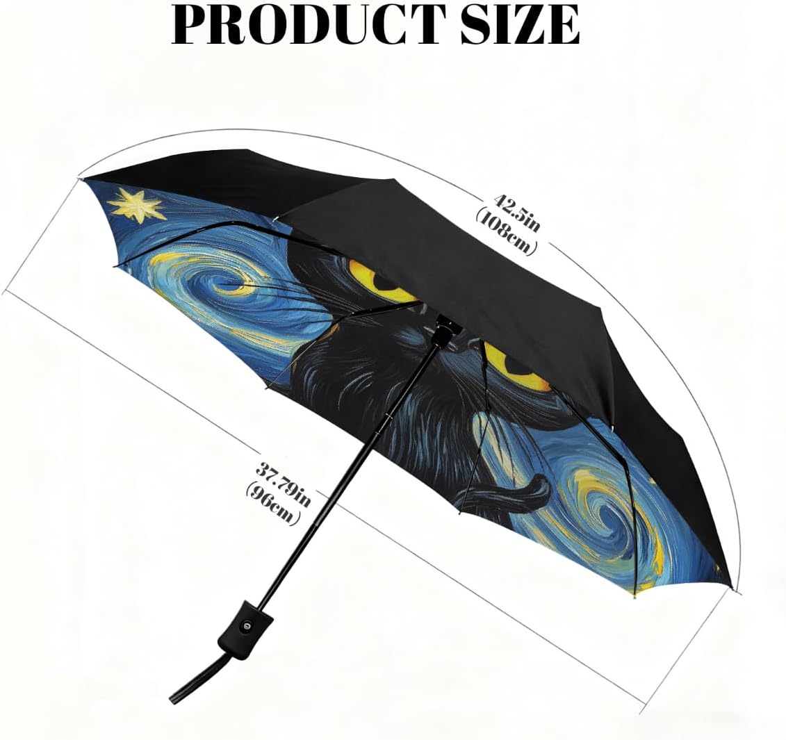 Black Cat Starry Night Folding Umbrella Windproof Compact Lightweight Travel Umbrella with 8 Reinforced Ribs, Portable UV Sun & Rain Protection for Men & Women