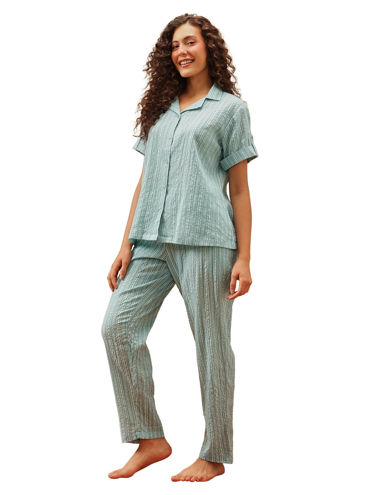 clovia Women's Rayon Blend Sassy Stripes Button Me Up Shirt & Pajama Set-picture-55