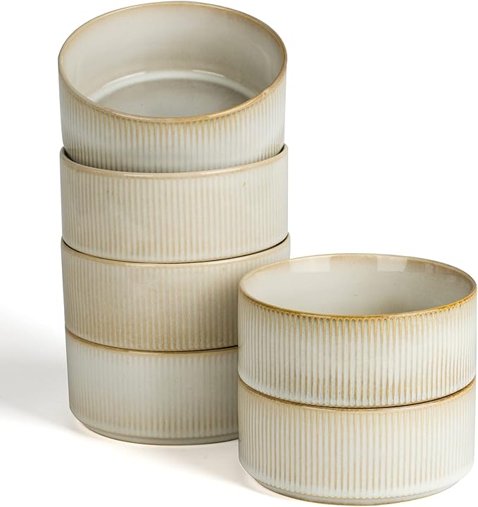 famiware Star Cereal Bowl Set, Soup Bowls Set of 6, Double Reactive Glaze, Stackable, 23 oz Deep Bowls Suitable for Cereal, Popcorn, Oatmeal, Dessert - Dishwasher and Microwave Safe, Cappuccino White