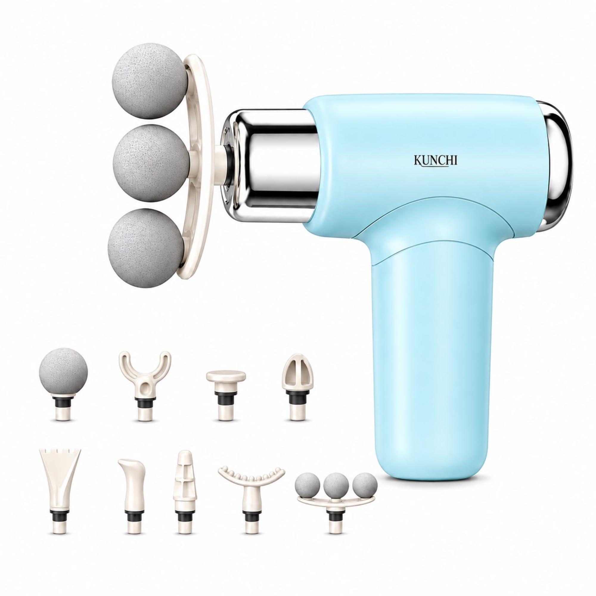 KUNCHI TRIDENT MASSAGER BLUE | Triple Head Massage Gun | 6 Speed Levels + Boost Mode | Type-C Fast Charging | Deep Tissue Muscle Recovery Massager with 9 Massage Heads-image-40