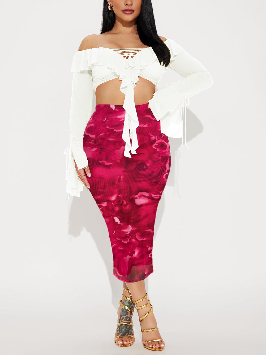 Women's Floral Print Mesh Long Skirt High Waisted Bodycon Pencil Maxi Skirts - Image 3