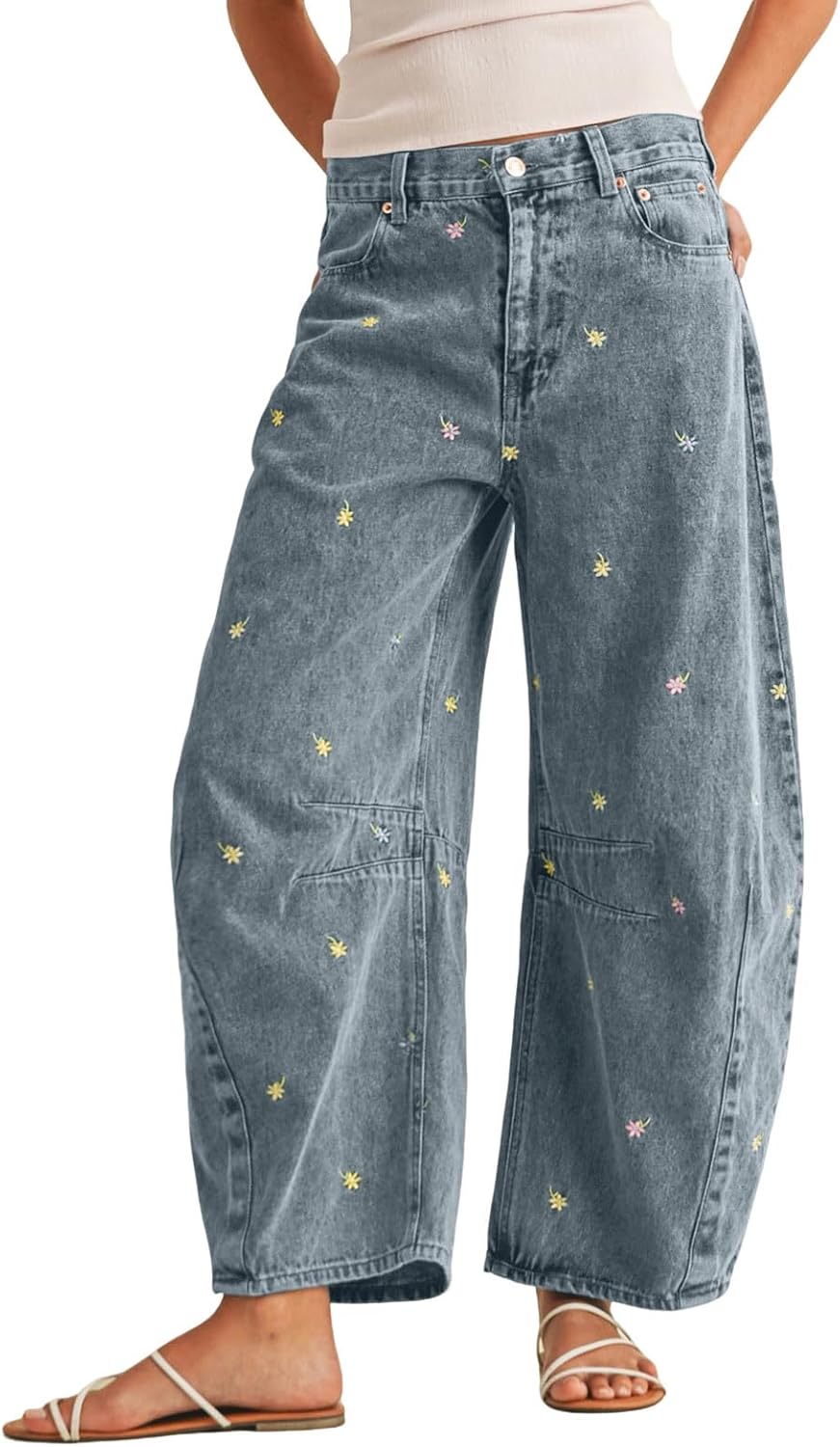 loveimgs Women Boyfriend Baggy Barrel Jeans Mid Rise Wide Leg Jeans Embroidered Denim Ankle Pants Patchwork Sweatpants Y2k