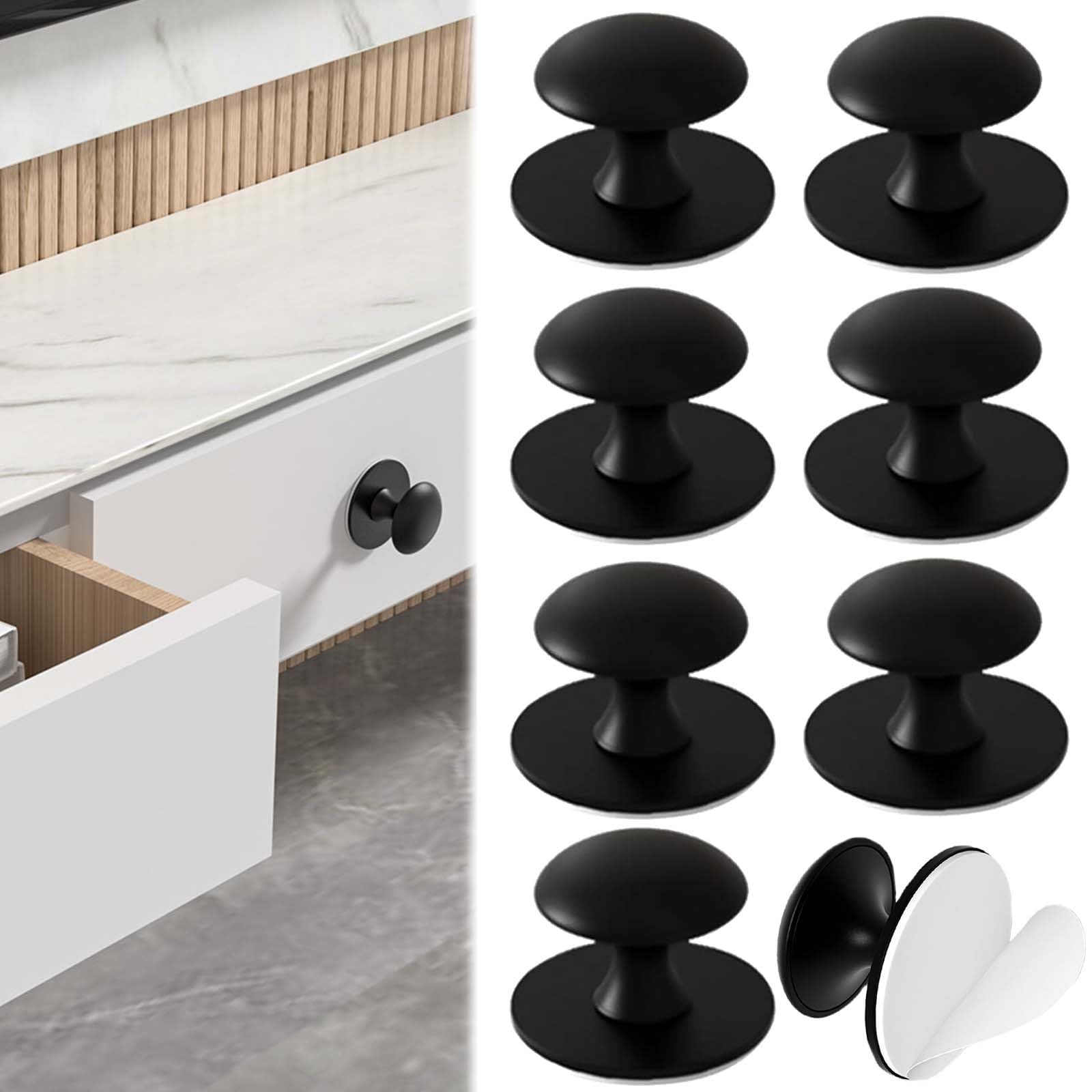 8 Pièces Rond Autocollante Boutons d'Armoire, Noir Poignée de Meuble Poignée pour Tiroir Sans Percage, Rond Bouton de Meubles autocollante Poignet de Tiroir Autocollante