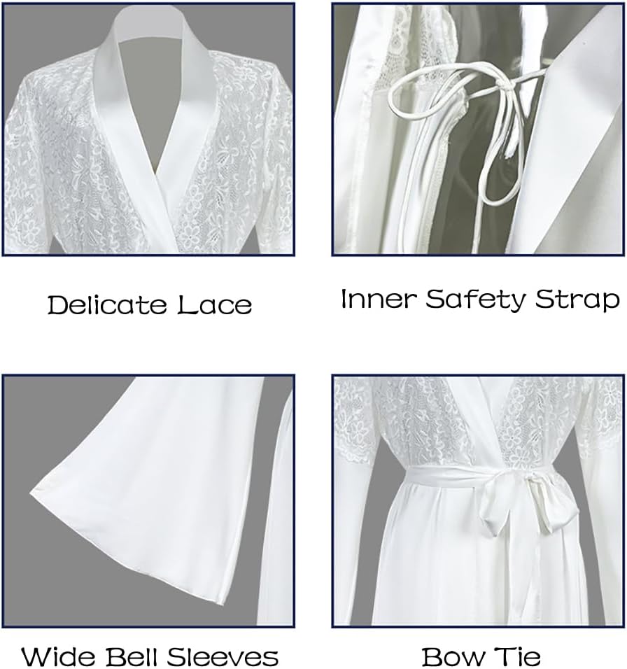 Bride Robe Long Sleeve Satin Robe for Women Lace Elegant Bridal Bathrobe Sleepwear Kimono for Wedding Lounge Spa - Image 4