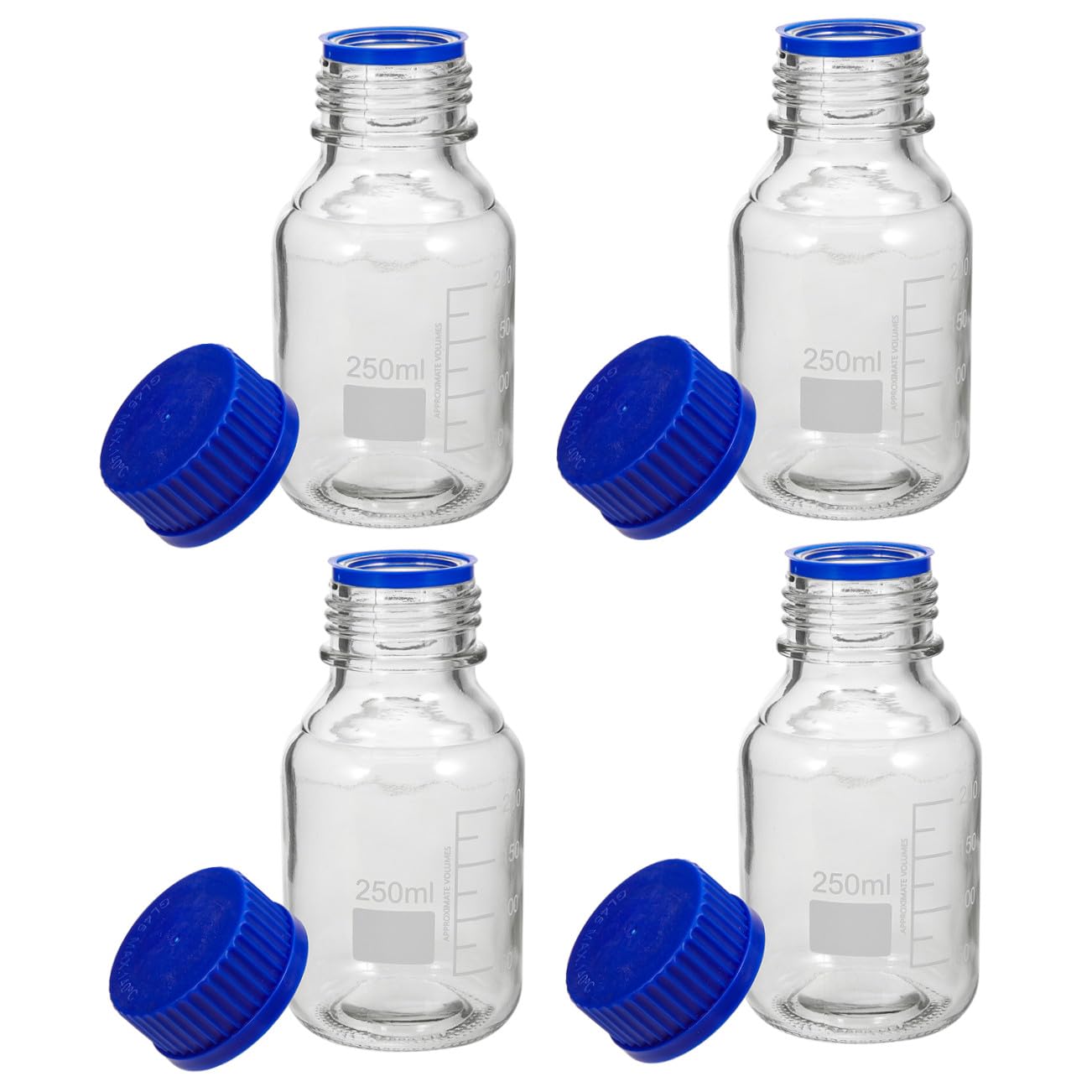 DECHOUS Bottiglie di Reagente 4 Pezzi in Vetro da 250ml Resistenti All'usura con Buona Tenuta con Tappo a Vite Blu per Laboratorio e Industria Chimica