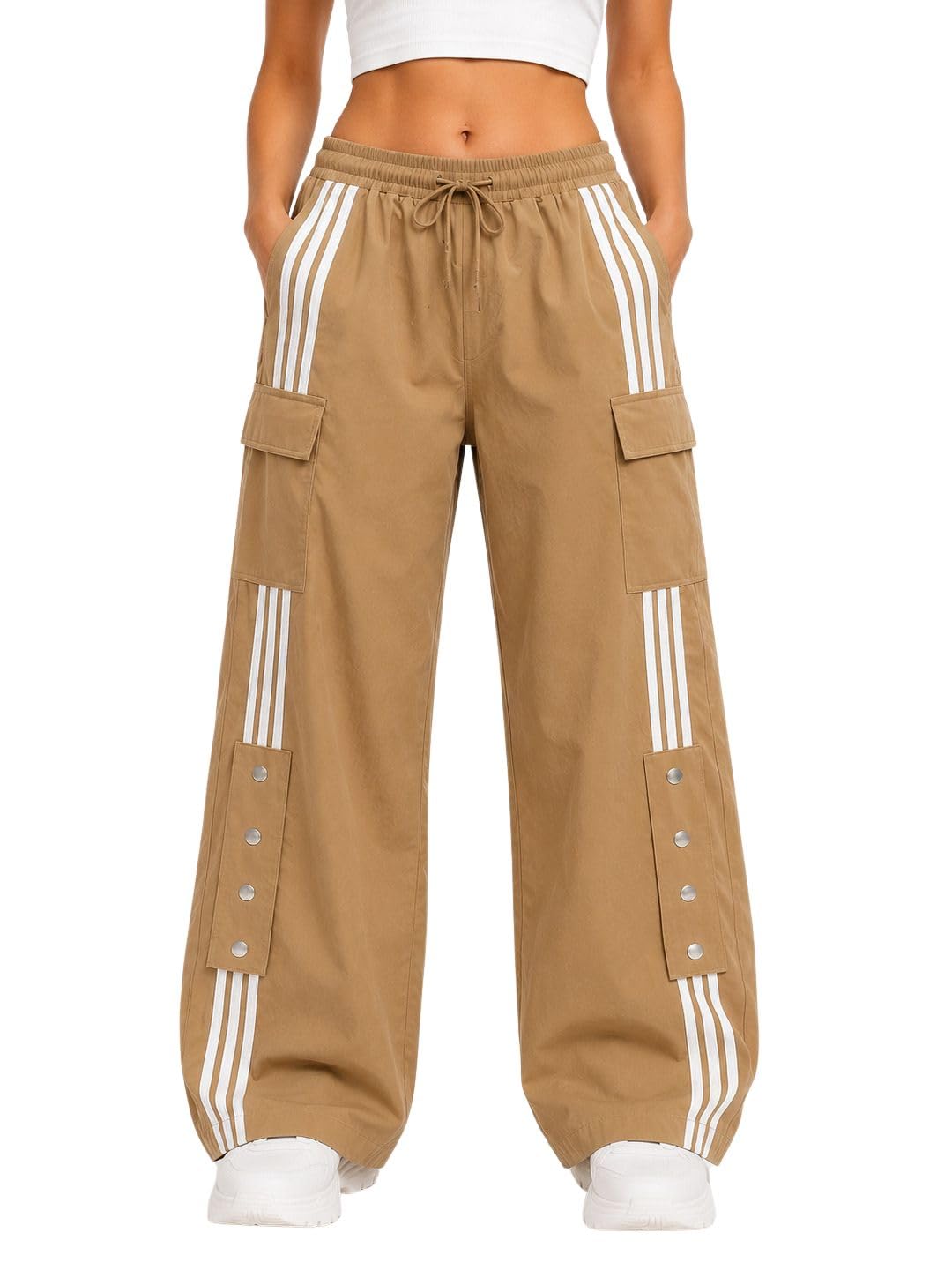 Women’s Beige Wide Leg Cargo Track Pants Stylish Streetwear Casual Striped Trousers-image-39