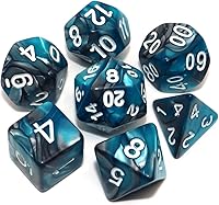 Vista 8 de Dados poliédricos azul y rosa DND para juegos de rol de mazmorras y dragones D&D con bolsa de dados