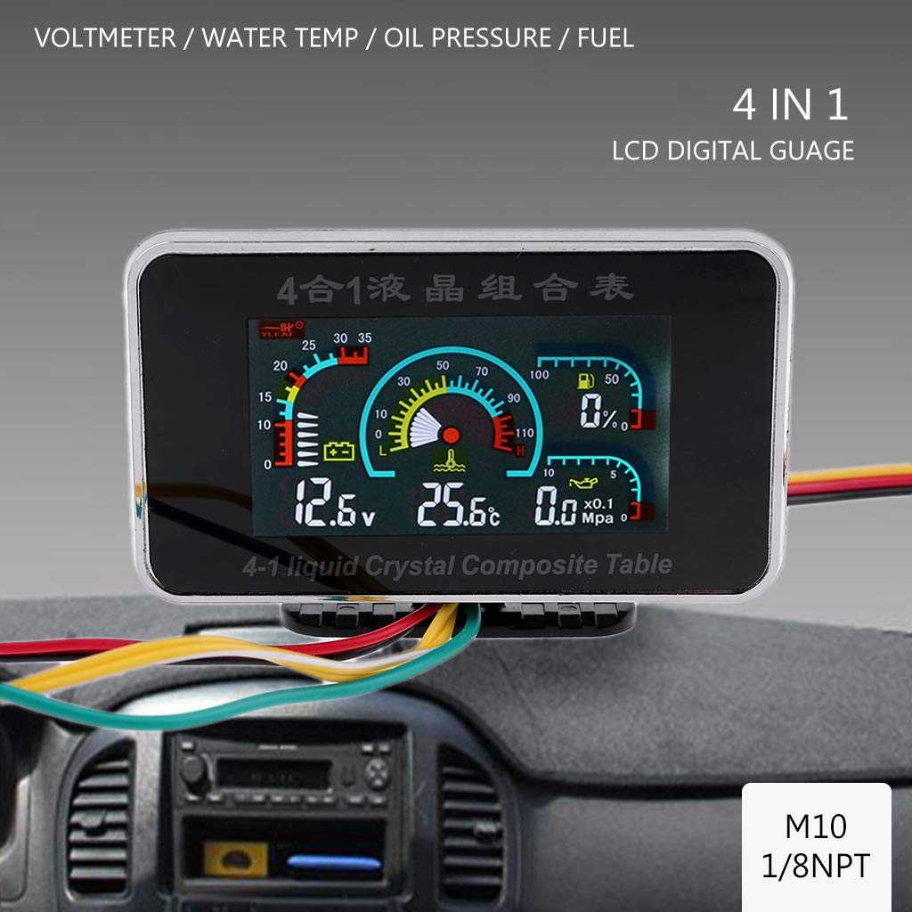 4 in 1 LCD Digital Alarm Voltmetro Pressione Olio Temperatura Acqua Carburante 12-24V