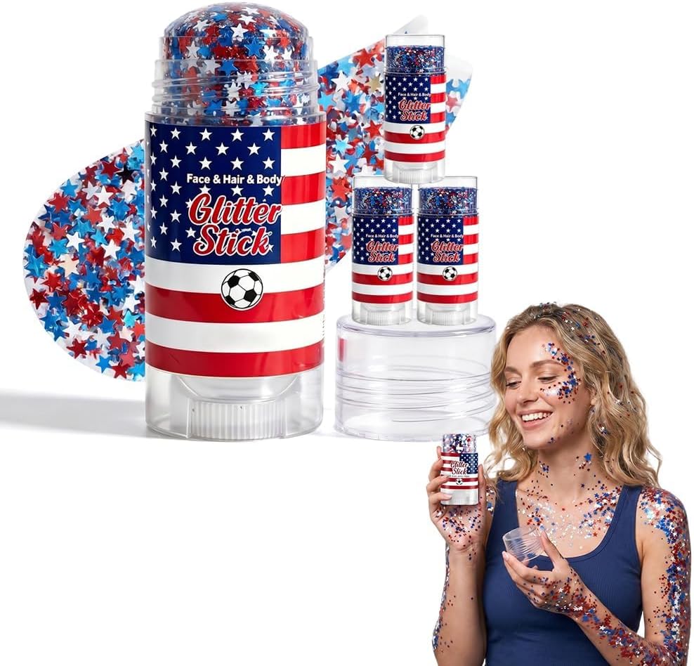 Patriotic 4th of July Glitter Stick | Self Adhesive Red White Blue Face & Body Sparkle | Waterproof Long Lasting Hair Makeup for Festivals, Parades & Kids (4 Pcs)