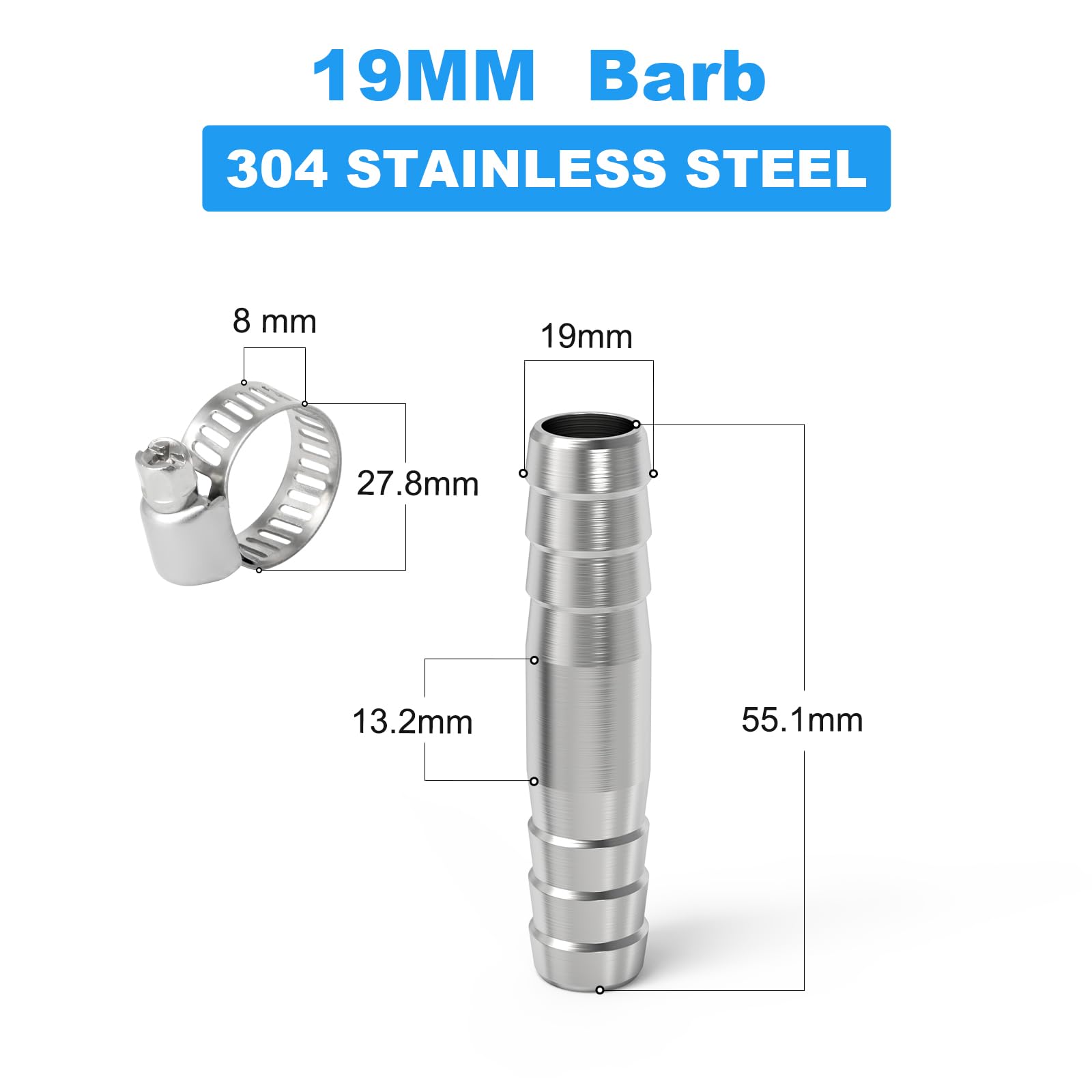 ERGAOBOY 5Pcs 19MM 304 Stainless Steel Hose Barb Splicer Mender Round Union Coupler, Straight Adapter Fitting with Clamp for Air Water Fuel - Image 2