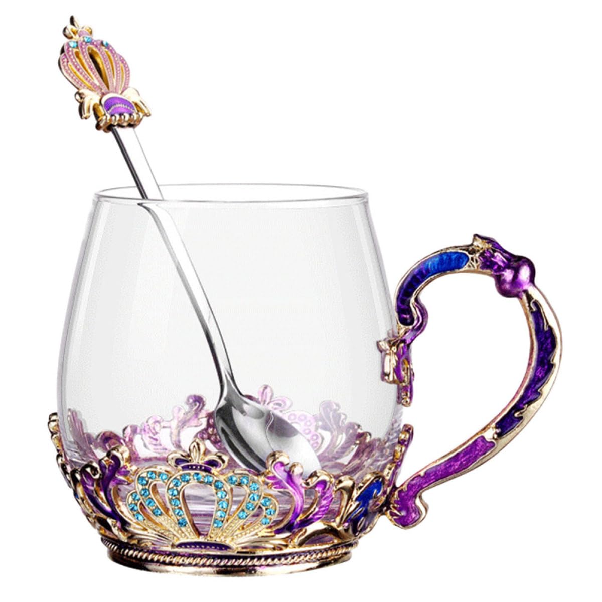Healeved Taza de Té de Cristal Esmaltado Pequeña con Cuchara, Resistente al Frío y Calor, Ergonómica para Uso Doméstico y Oficina, Juego Sencillo con Diseño Funcional Color Aleatorio