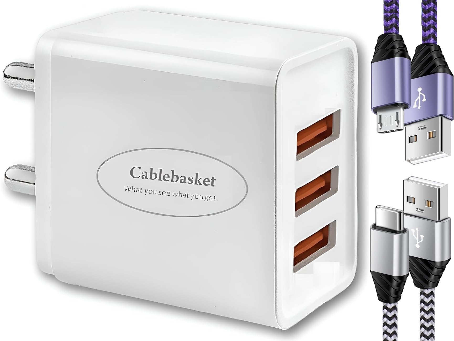 cablebasket Mobile Charger Fast Charging for Android Phones 3.1 Amp Multi 3 USB Port Adapter with Type-c and Micro-USB Fast Charging Cables (White) (B083RCGNRC) Amazon Price History, Amazon Price Tracker