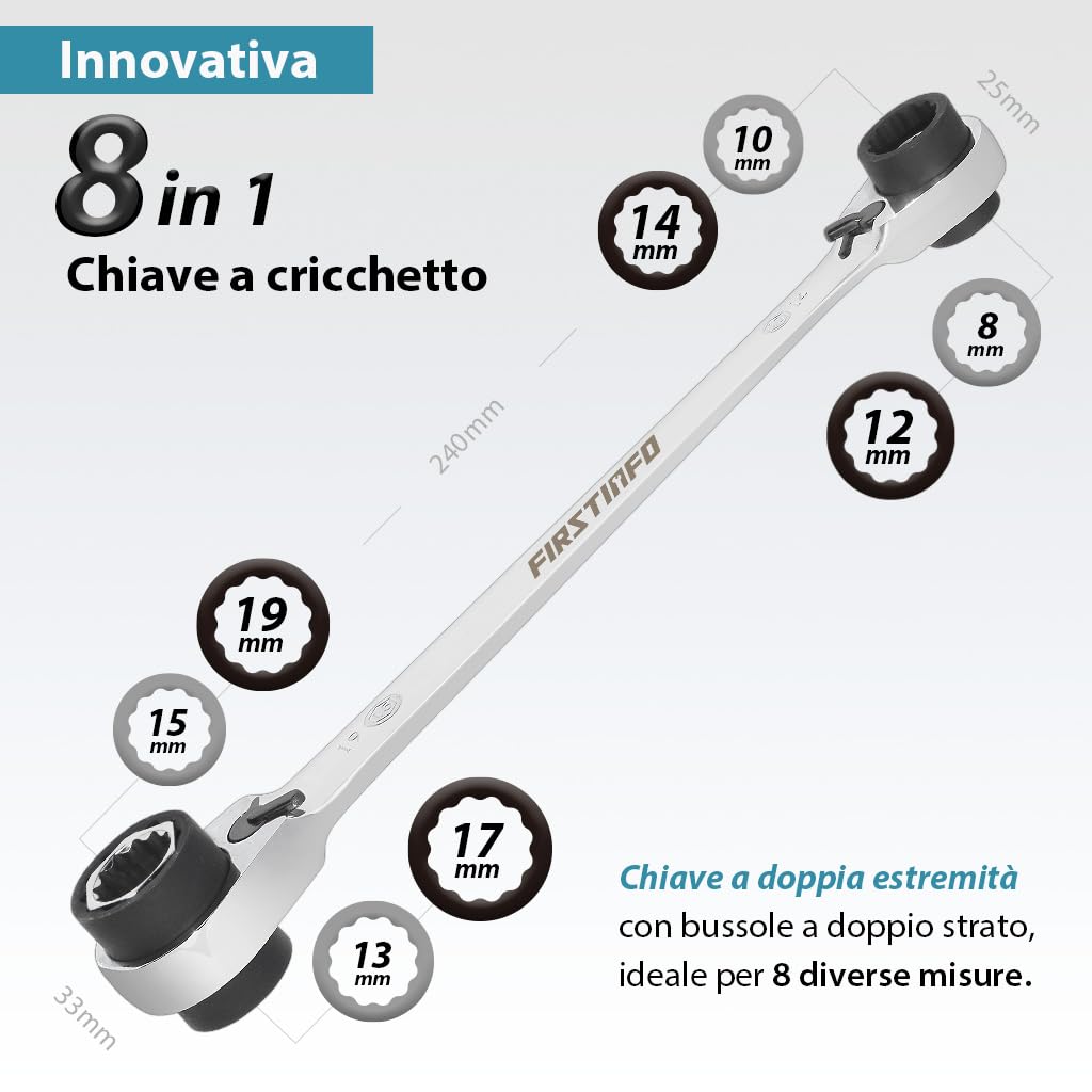 FIRSTINFO F3452 | Chiave a Cricchetto Combinata Reversibile 8 in 1 | 90 Denti | 12 Punti | Misure Metriche da 8 a 19 mm