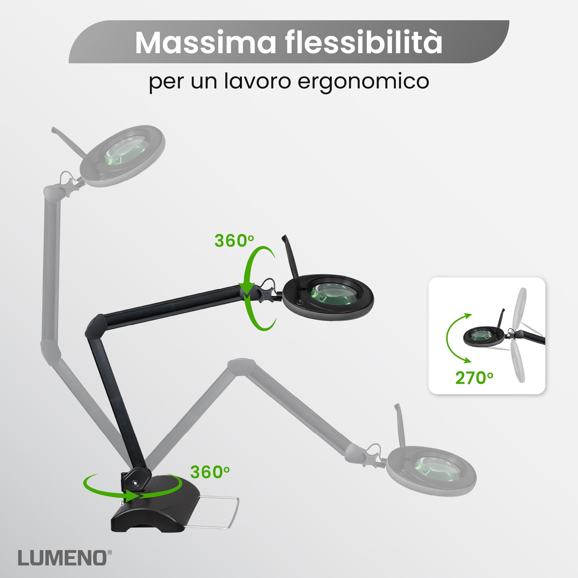 Lumeno LED lampada d'ingrandimento 7218SW, lente in vero vetro da 127 mm, lampada da lavoro, cosmetica, adatta per cosmetici, hobbisti, ausilio alla lettura, 8 diottrie nero con treppiede da tavolo