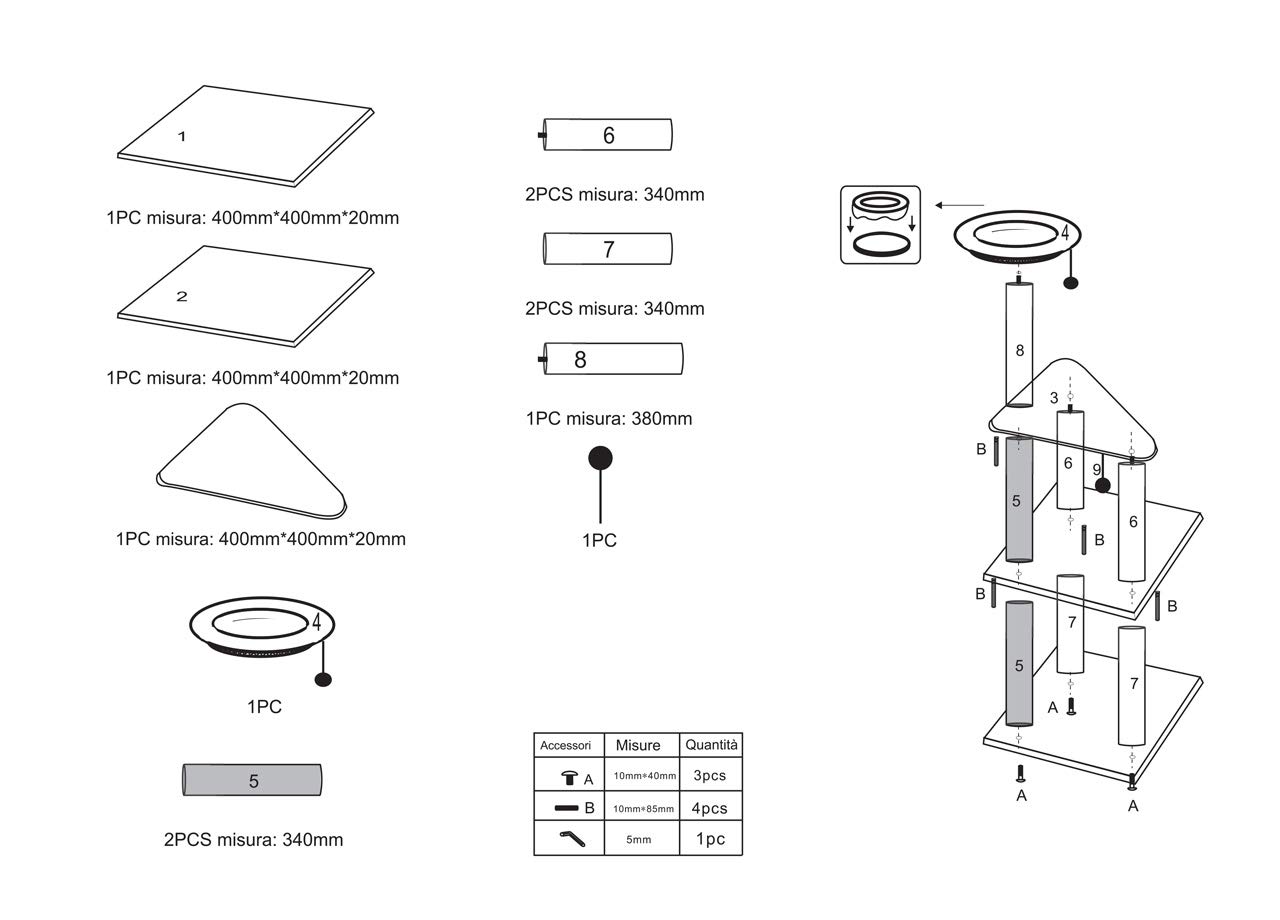 BIANCHERIAWEB Tiragraffi Ad Albero Giocattolo Palestra Per Gatti Modello Triple 40x40x120 cm