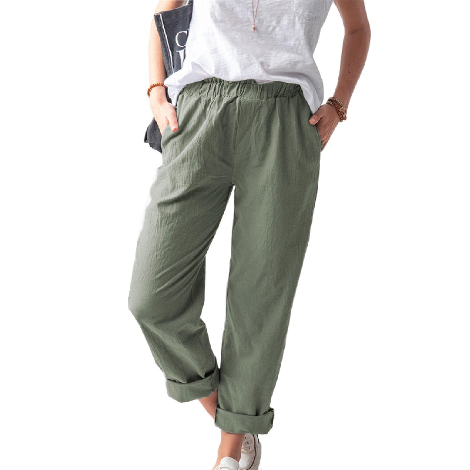 Cotton Pants Women Elastic Waist Ankle Length Casual Thin Summer Straight  Loose Casual Office Pants Pants : Amazon.nl: Fashion